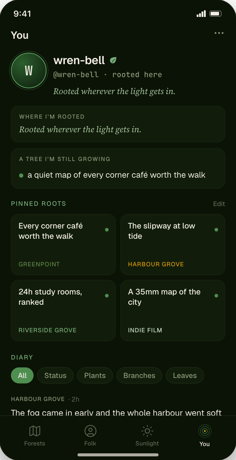 Your own profile — identity mark and handle, two prompt cards for where you're rooted and what you're still growing, a grid of four pinned roots, and the start of a diary with filter chips.