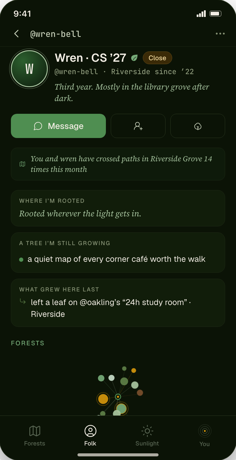 The same profile seen by someone at the Close stage — prompts, shared forests, pinned roots and the full diary all visible.