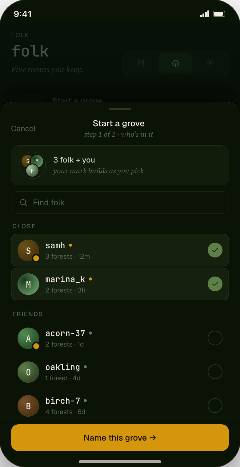 Step one of the create flow — a live trefoil preview building as folk are picked from a ladder-ordered list, with a serif guardrail note that strangers can't be added directly.