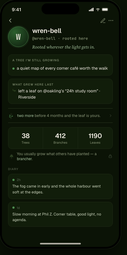 An owner profile with a single hairline-bounded row under the prompts — a small five-tip sapling with three tips filled, and the sentence 'two more before 4 months and the leaf is yours.'