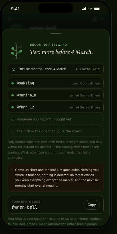 The Steward sheet mid-window — headline 'Two more before 4 March', a window strip showing the time remaining, three filled arrival rows and two dashed empty ones, the fifth labelled 'the one that lights the crown'.